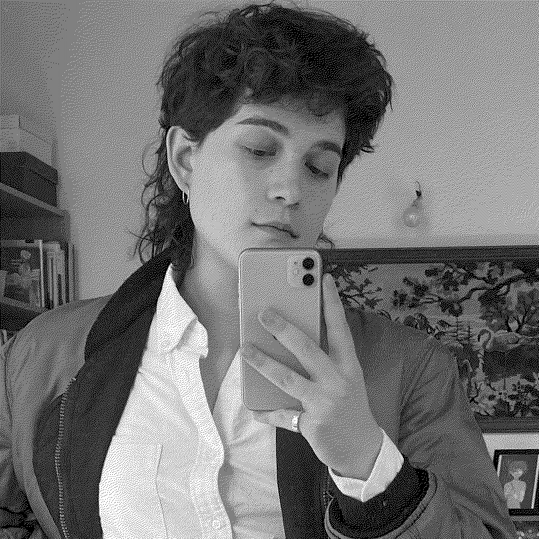 A dithered selfie. I wear a reversed bomber jacket, a white shirt, and have a beautifully styled mullet.